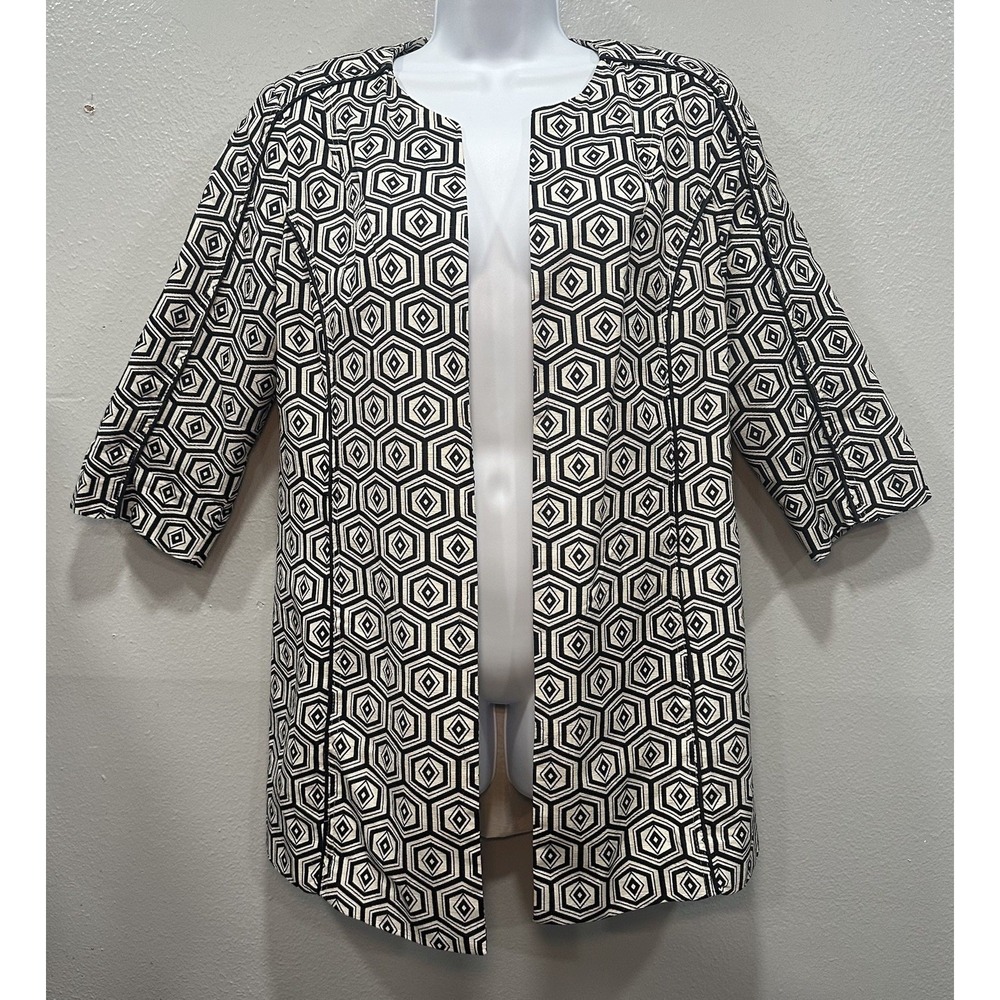 Silkland Blazer Women's Size Medium Black & Ivory Silk Fully Lined 3/4 Sleeves